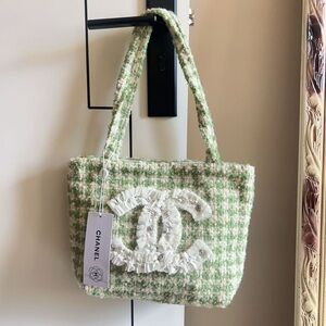 CHANEL Green and Cream Tweed Tote